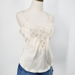 Vintage Lace Cami Tank Top Sheer Ivory Adjustable Size 36 Large Made in USA
